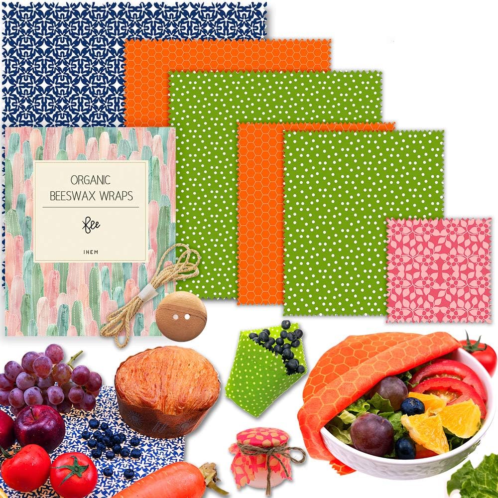 Beeswax Food Wrap, Set of 6 Pack Beeswax Wraps - Reusable Food Wraps - Sustainable Plastic Free Food Storage - Sandwich Wrappers - Washable Bowl Covers