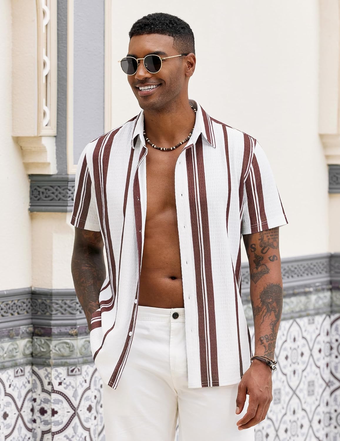 COOFANDY Mens Short Sleeve Casual Shirts Button Down Striped Summer Shirts Textured Vacation Beach Shirt - Image 3