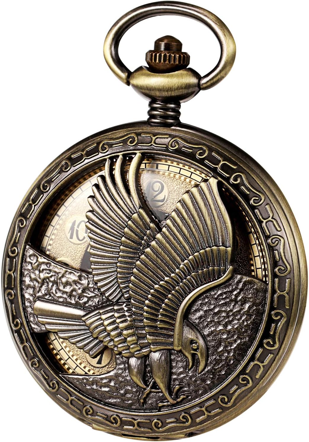 TREEWETO Mechanical Eagle Arabic Numerals Dial Skeleton Pocket Watch Watches with Gift Box and Chains for Mens Women