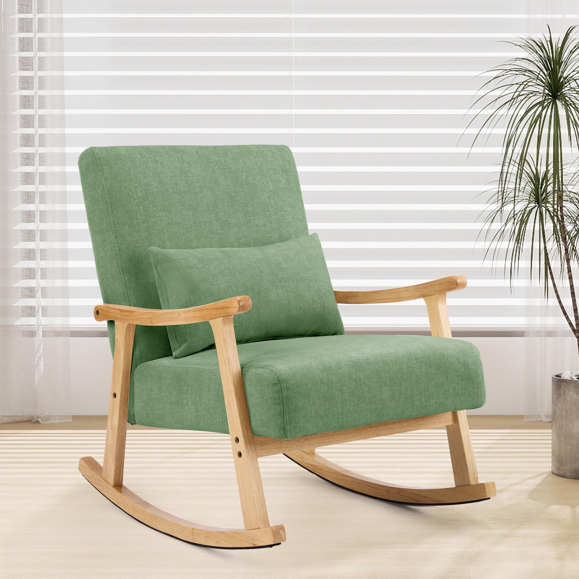 XH.Easy Go Rocking Chair,Upholstered Nursing Chair with Lumbar Pillow,Nursery Rocking Chair for Adults with Solid Wood Base, Leisure Lounge Armchair for Living Room Bedroom,Green
