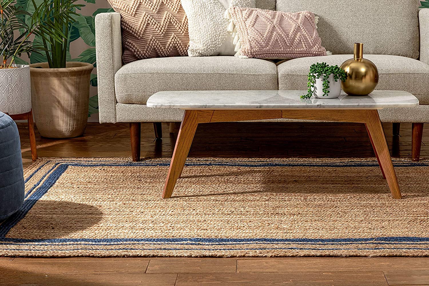 Ripaz Tapis carré tissé à la Main avec Ligne Bleue en Jute Naturelle tressée pour Salon (150 x 150 cm)