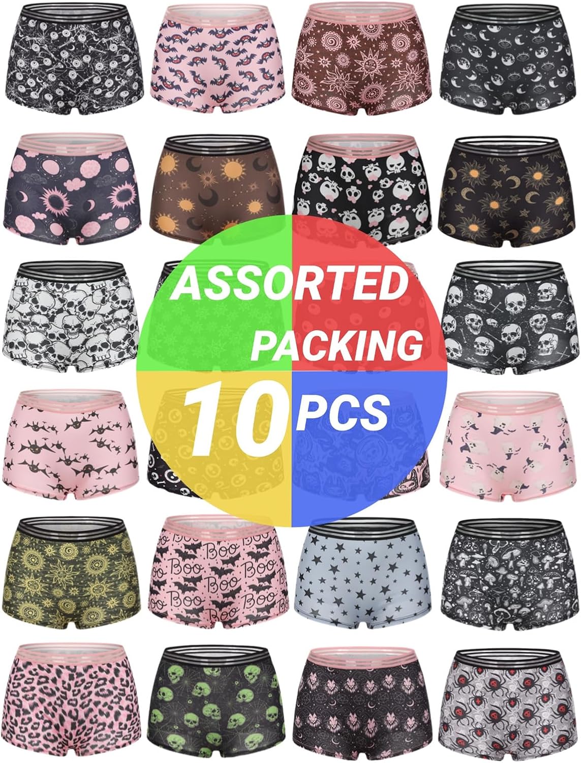 Morvia 10 Pack Variety of Gothic Print Boyshorts Underwear, High Waist Elastic Band, Assorted Halloween Skull Spooky Patterns - Image 4
