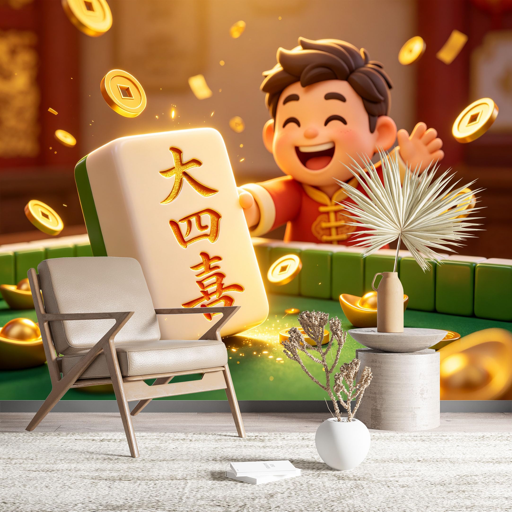 Custom Size Wall Murals Cartoon Boy with Mahjong Tile and Gold Coins Large Photo Wallpaper Self-Adhesive Wall Fabric (NO PVC) Removable Wallpaper for Kids Room