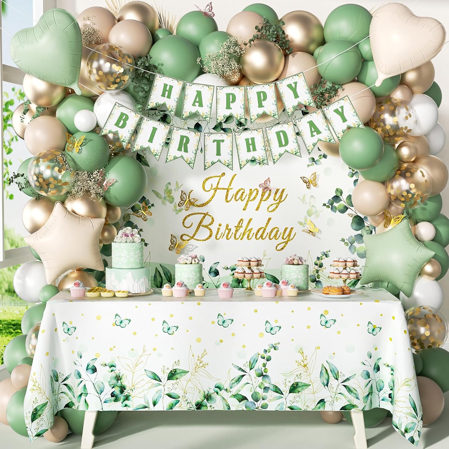 Sage Green Birthday Decorations with Gold Nude Green Foil Balloons Happy Birthday Banner Sage Green Tablecloth Backdrop for Happy Birthday Decorations for Women Adults