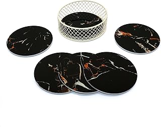 CVHOMEDECO. Sottobicchieri in Vetro Modello Rotondo per Bicchieri da Vino, Birra, Whisky, Cocktail, caffè, tè, Bevande, Bevande Calde e Fredde, Dia.10,2 cm, Colore Nero/Gloden, Set di 6