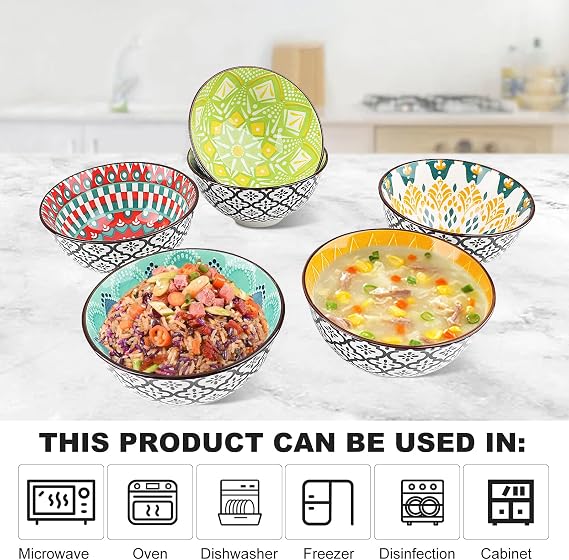 Set of 6 10oz Ceramic Rice Bowls Gift,4.6''Small Dessert Bowls for Cereal,Snack (Colorful)