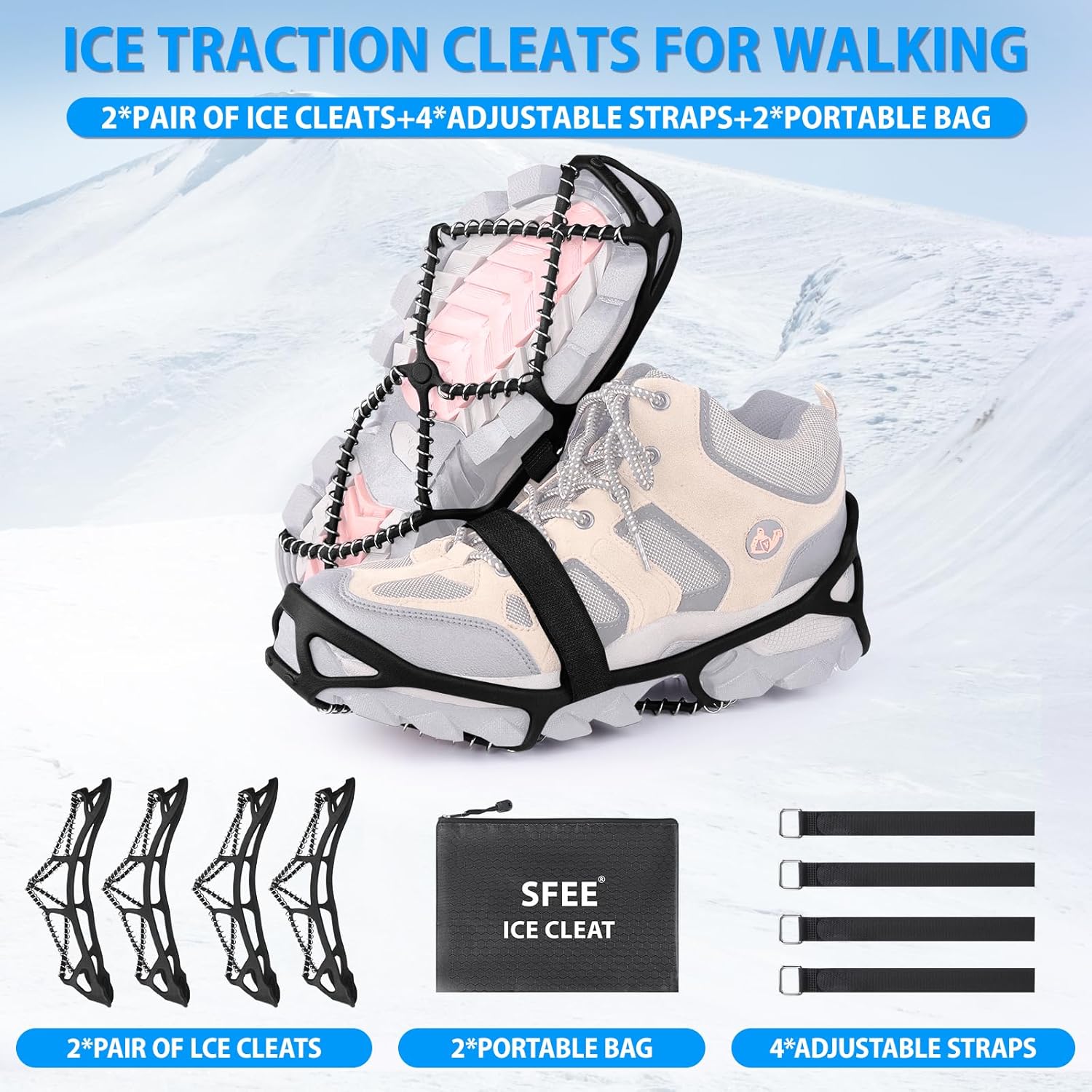 Sfee Ice Cleats for Walking on Ice Snow Grips Crampons Traction for Shoes/Boots, Anti-Slip Portable Flexible Footwear for Walking Climbing Hiking Fishing Outdoor Running with 2 Adjustable Straps