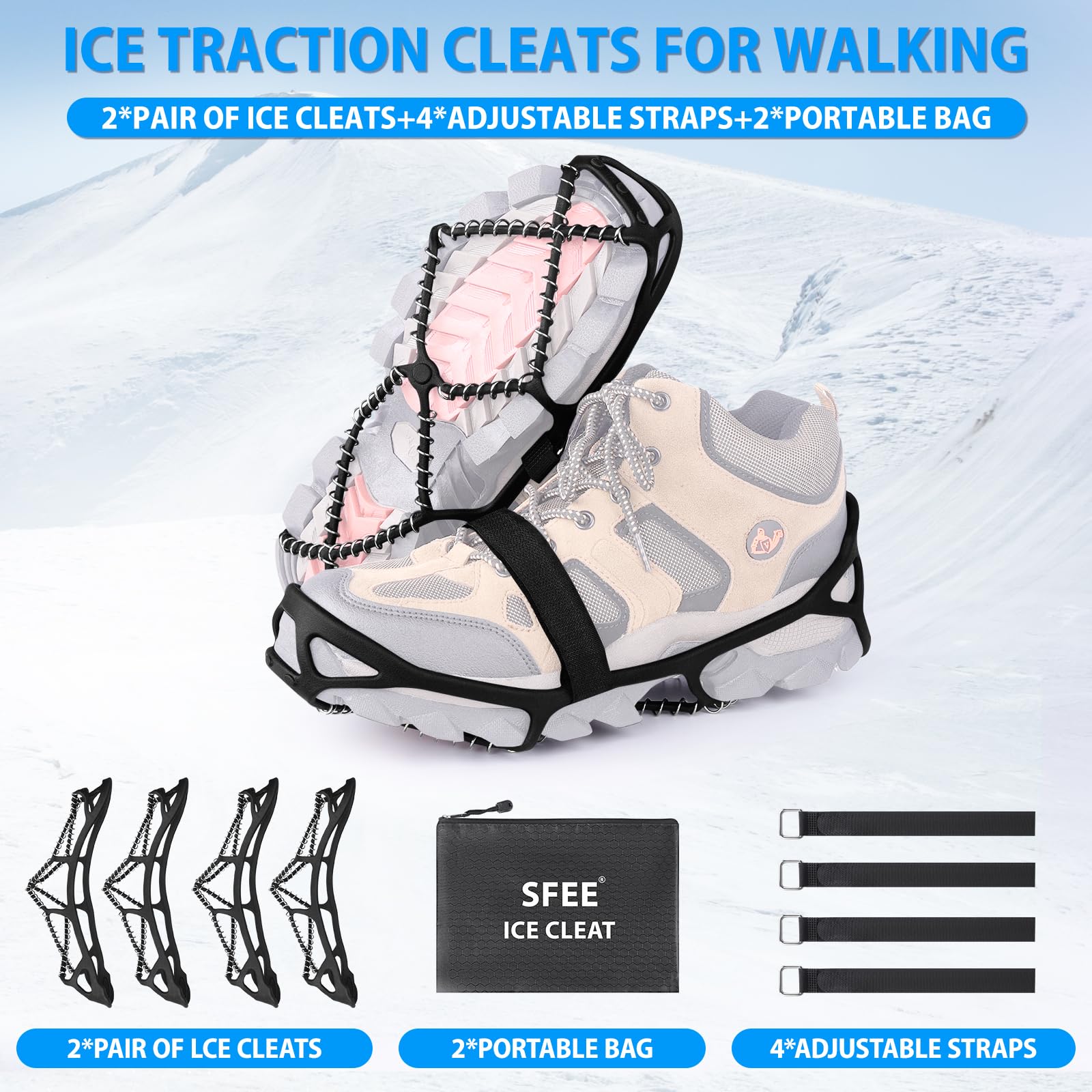Sfee Tacchetti da ghiaccio per camminare su ghiaccio, neve, ramponi, trazione per scarpe/stivali, antiscivolo, portatili, flessibili, per camminare, arrampicata, escursionismo, pesca, corsa all'aperto