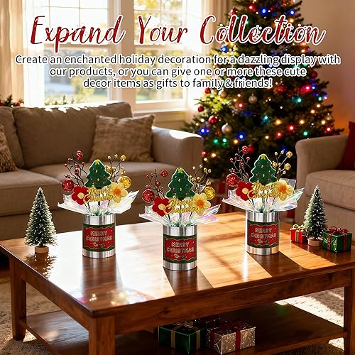 Miniatura 8 de Mini decoración de mesa navideña, árbol de Navidad hecho a mano y flores de ganchillo con base plateada, 8 pulgadas, pequeña decoración festiva para