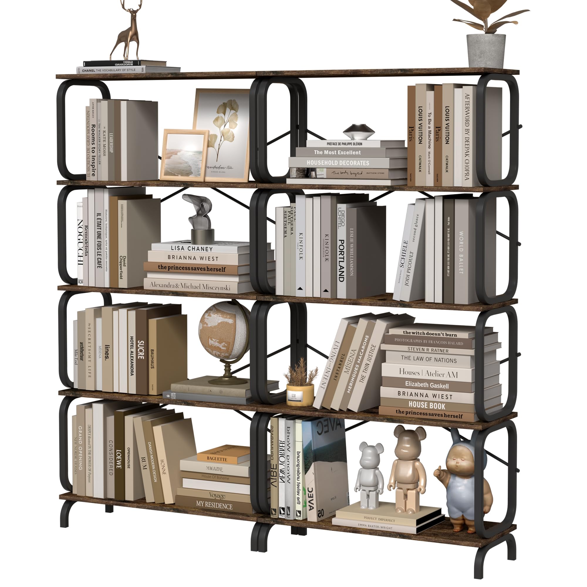 Leavader 5-Tiers Metal Bookshelf 63" L x 12" W x 63" H, Industrial Wooden Bookcase with Black Metal Frame Tall and Wide Open Bookshelves Storage Rack