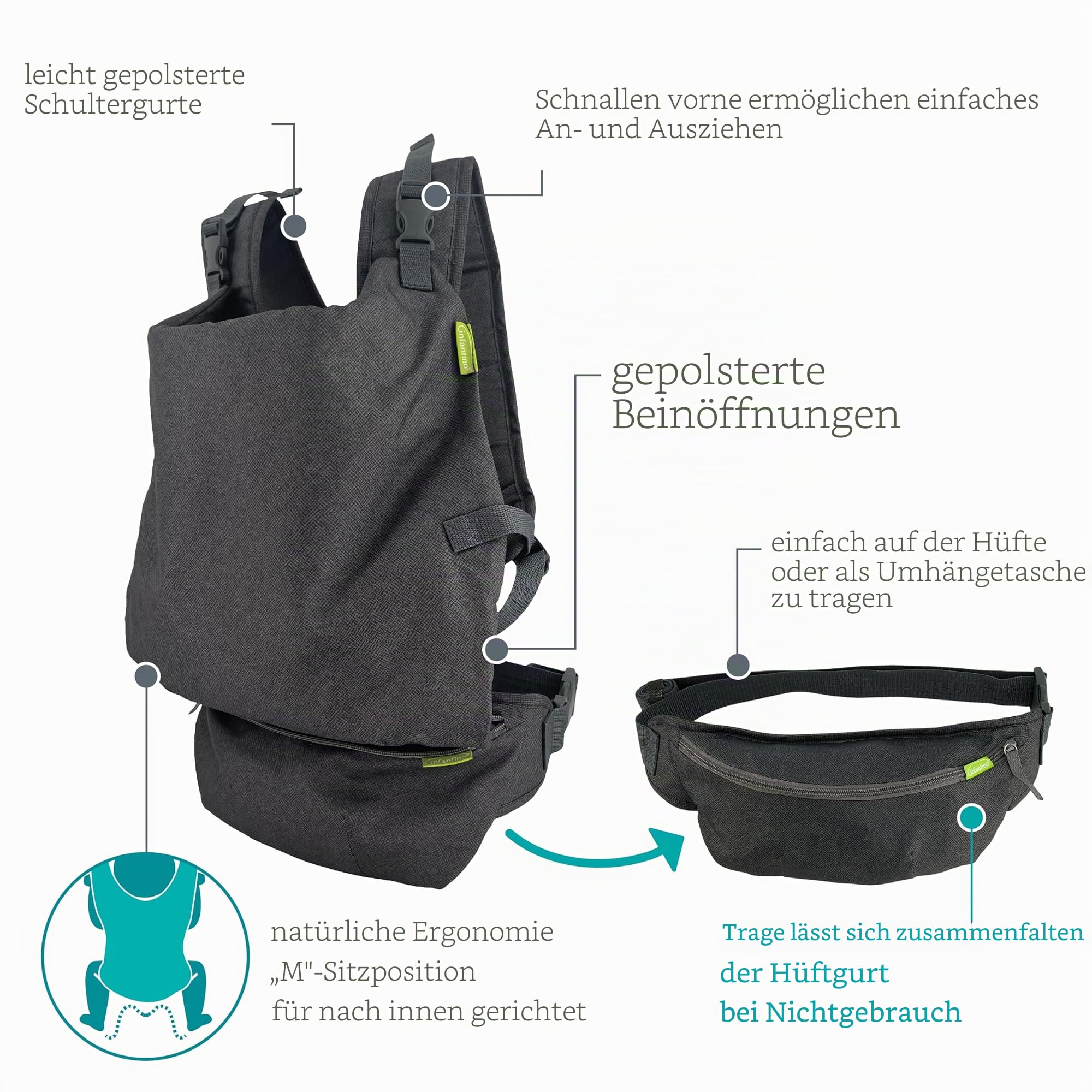 Infantino Fold & Go 2-in-1-Babytrage, Kompakt & Leicht, Verstellbar, für Babys mit einem Gewicht von 5,5 bis 18 kg, Grau