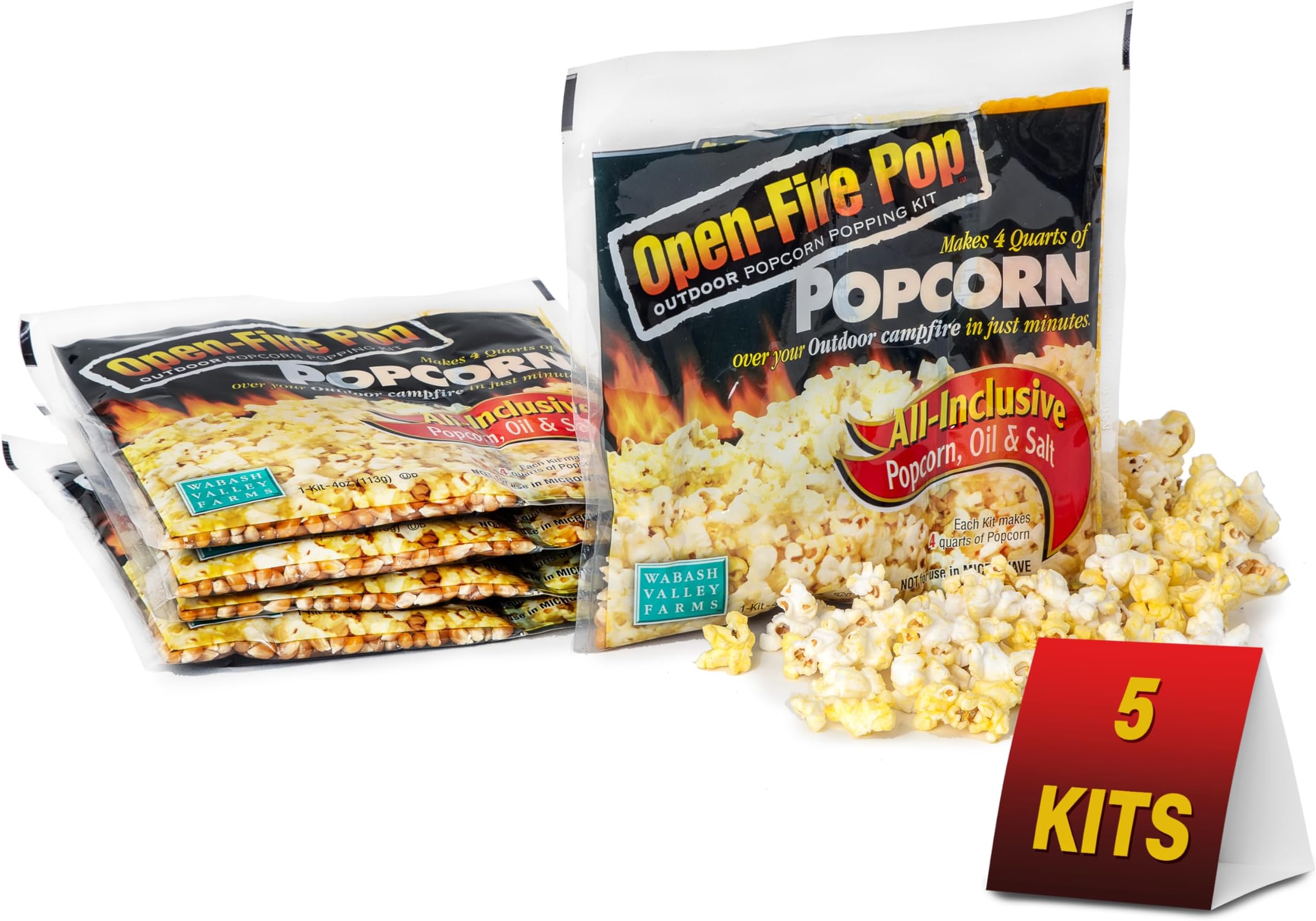 Wabash Valley FarmsOpen Fire Pop Kit- Campfire Popcorn, Popcorn Kernels for Outdoor Popcorn Popping, All in One Popcorn Kernels, Popcorn Kit, 5 Pack