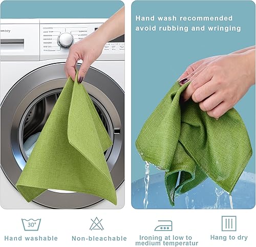 Miniatura 3 de SLKQG Juego de 8 manteles individuales con aspecto de lino verde navideño, resistentes al calor y lavables a máquina, de doble capa, para mesa de