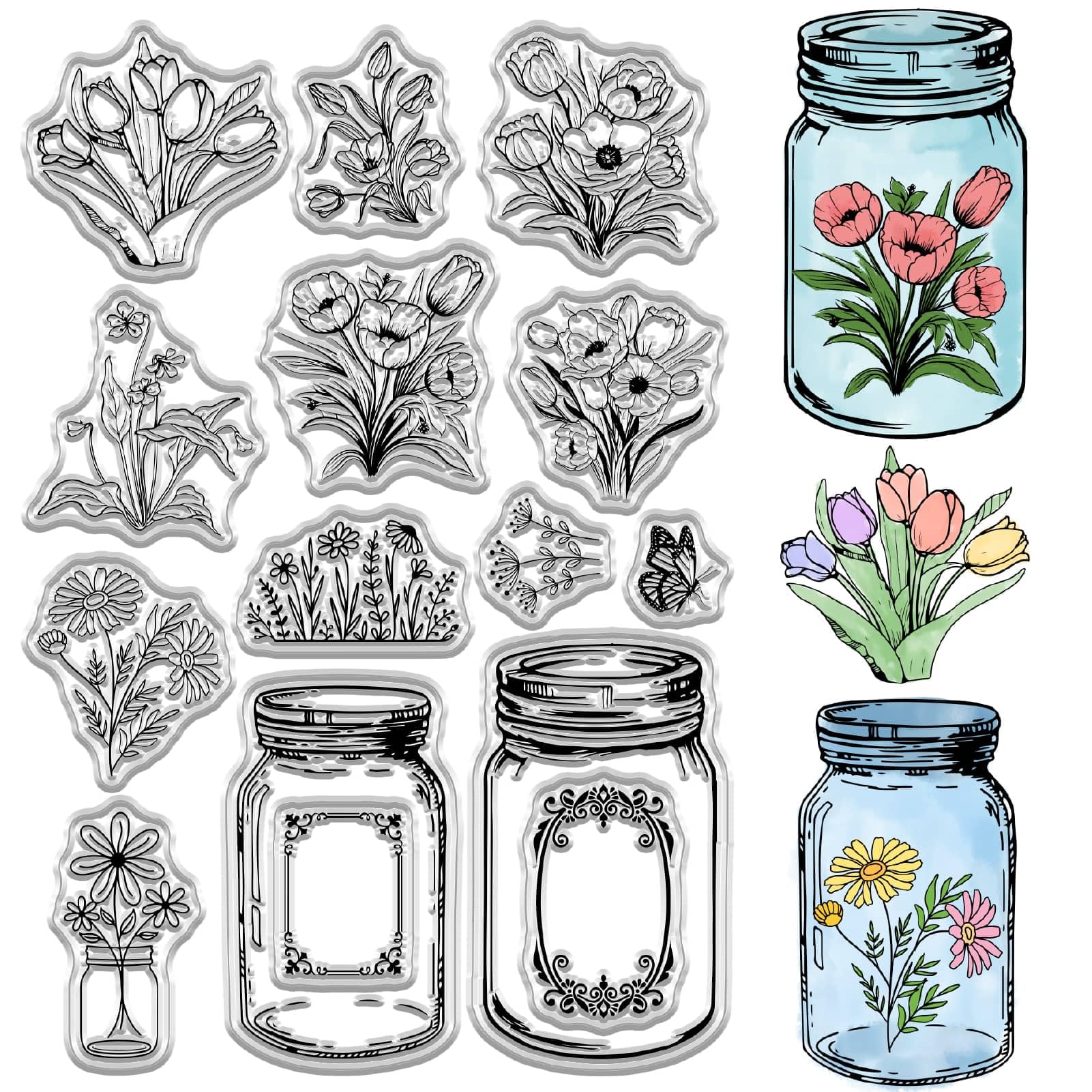CRASPIRE Flower Clear Stamps Bottles Plants Reusable Transparent Silicone Stamp Seals for Journaling Card Making Decor DIY Scrapbooking Photo Album Decorative Stamp Sheets