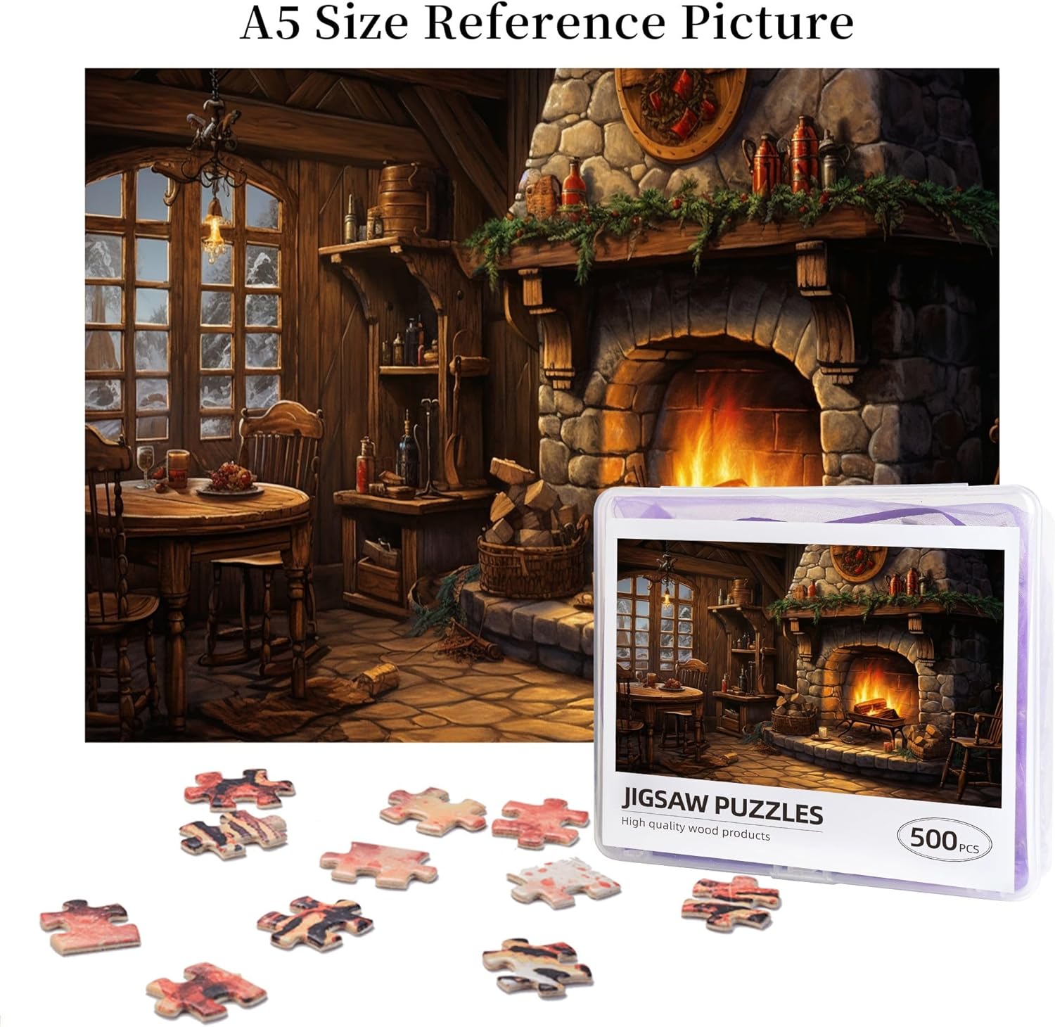 Rustic Cabin Fireplaces - 500 Piece Retro Jigsaw Puzzles,Great for Relaxation and Display for Puzzle Lovers,Classic Winter Interior Scene Wooden Puzzles As Home Decor,Adult Puzzle