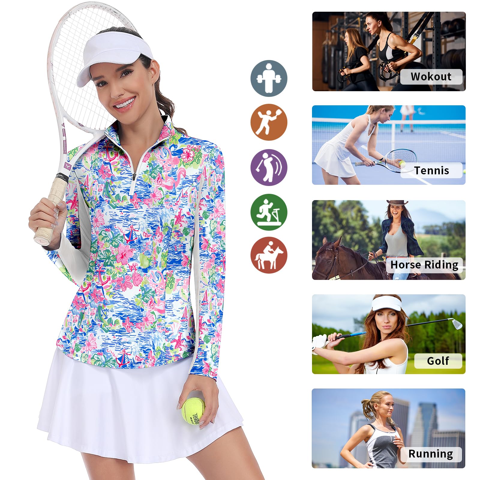 Soneven Sportshirt Damen Langarm Funktionsshirt Sport T-Shirt Langarmshirt Damen Atmungsaktiv 1/4 Zip Laufshirt Slim Fit für Tennis Golf Wandern Yoga Casual