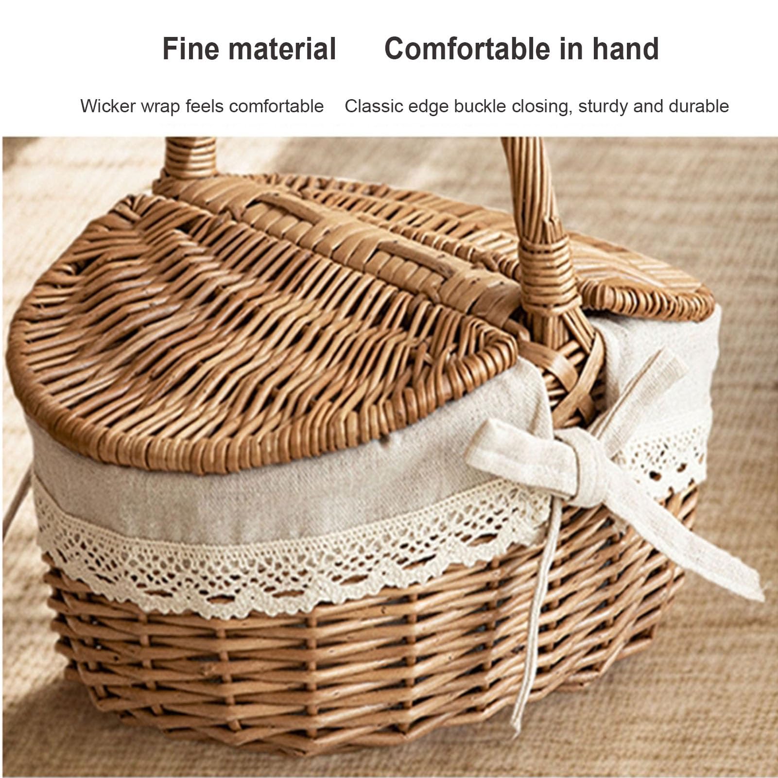 Genérico Cesta de Mimbre para Picnic con Tapa y Asas, Cesta de Mimbre Hecha a Mano con Forro, Pequeñas cestas de Mimbre para Picnic,Exterior,Camping(S)