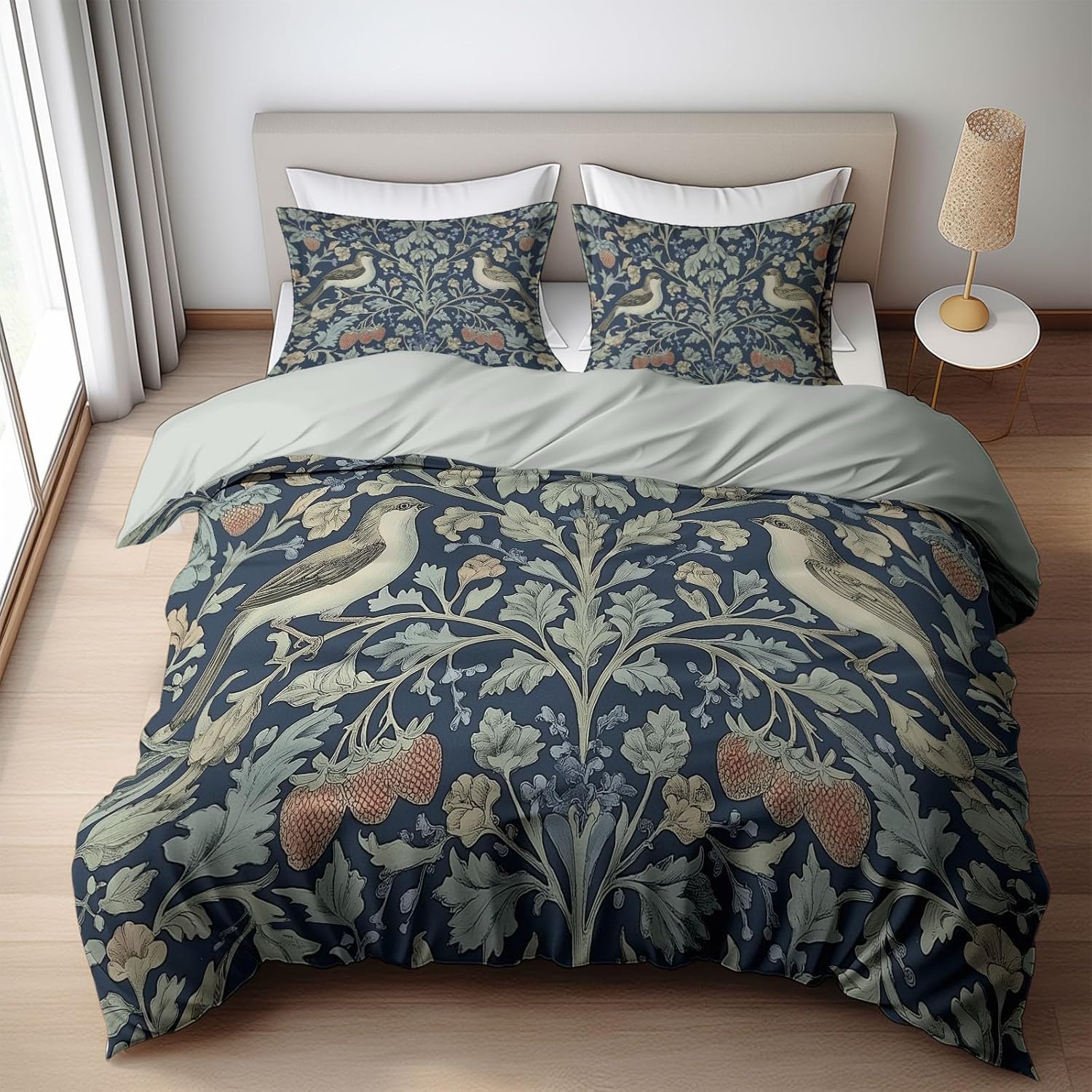 Housse de Couette Imprimée Fleurs et Oiseaux De William Morris 200x200 cm, Parure de Lit Plants De Fraisiers pour Ado Adulte, Ensemble de Literie en Microfibre Douce avec 2 Taies d’Oreiller d-1049