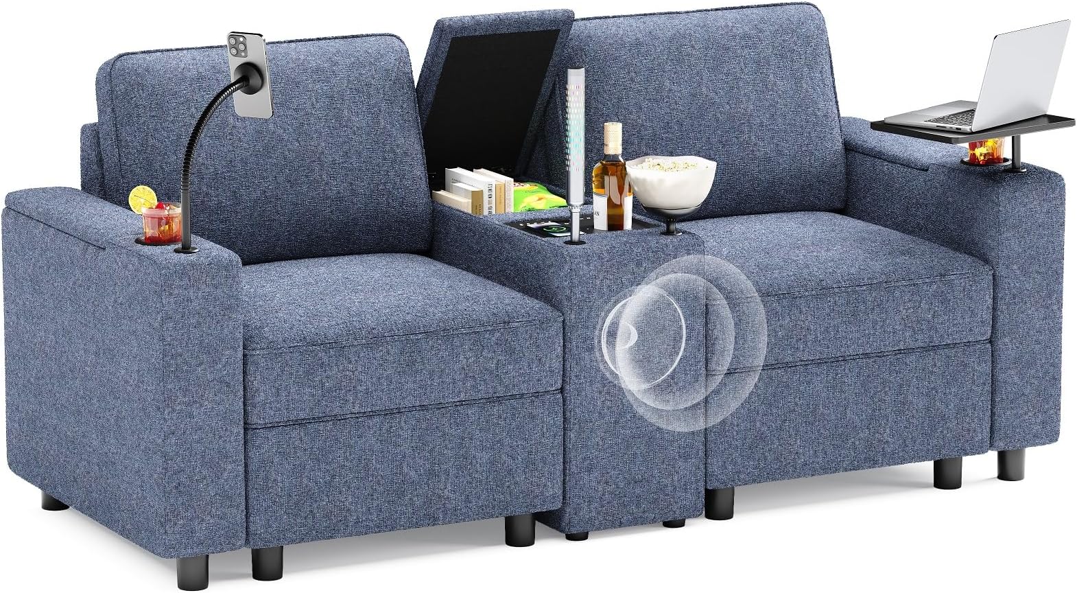 Home Theater Seating, Movie Theater Chairs, Power Conscle with Cup Holders, Bluetooth Stereo, Theater Seats with Power Grommet, Wireless Charging, Led Light for Living Room, Blue