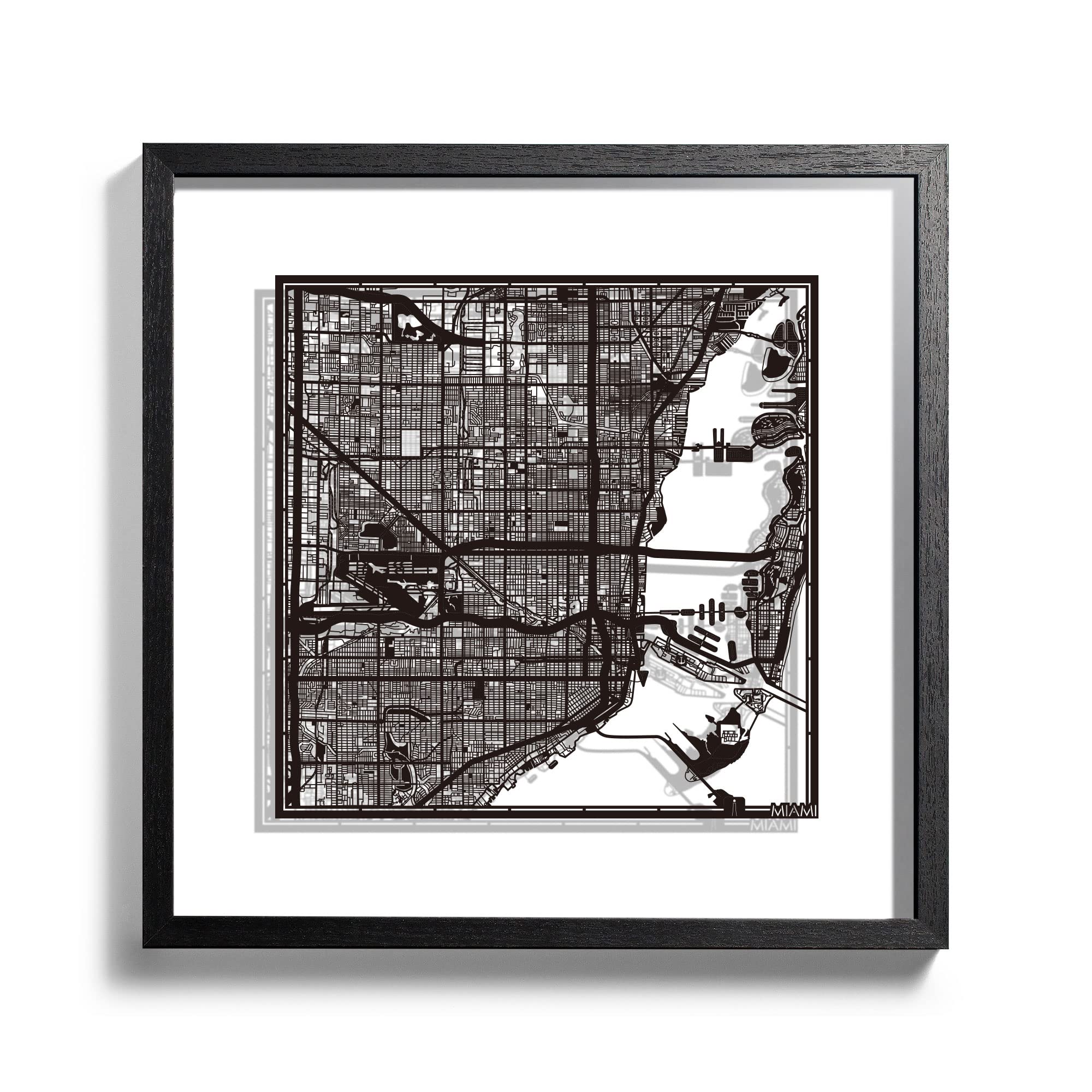 Miami Cut Map framed by O3 Design Studio, Black map, Black frame, 18x18 inches, paper cutting art work, Gift Boxed, 2 background color, self-changing, Wall Art — image 1