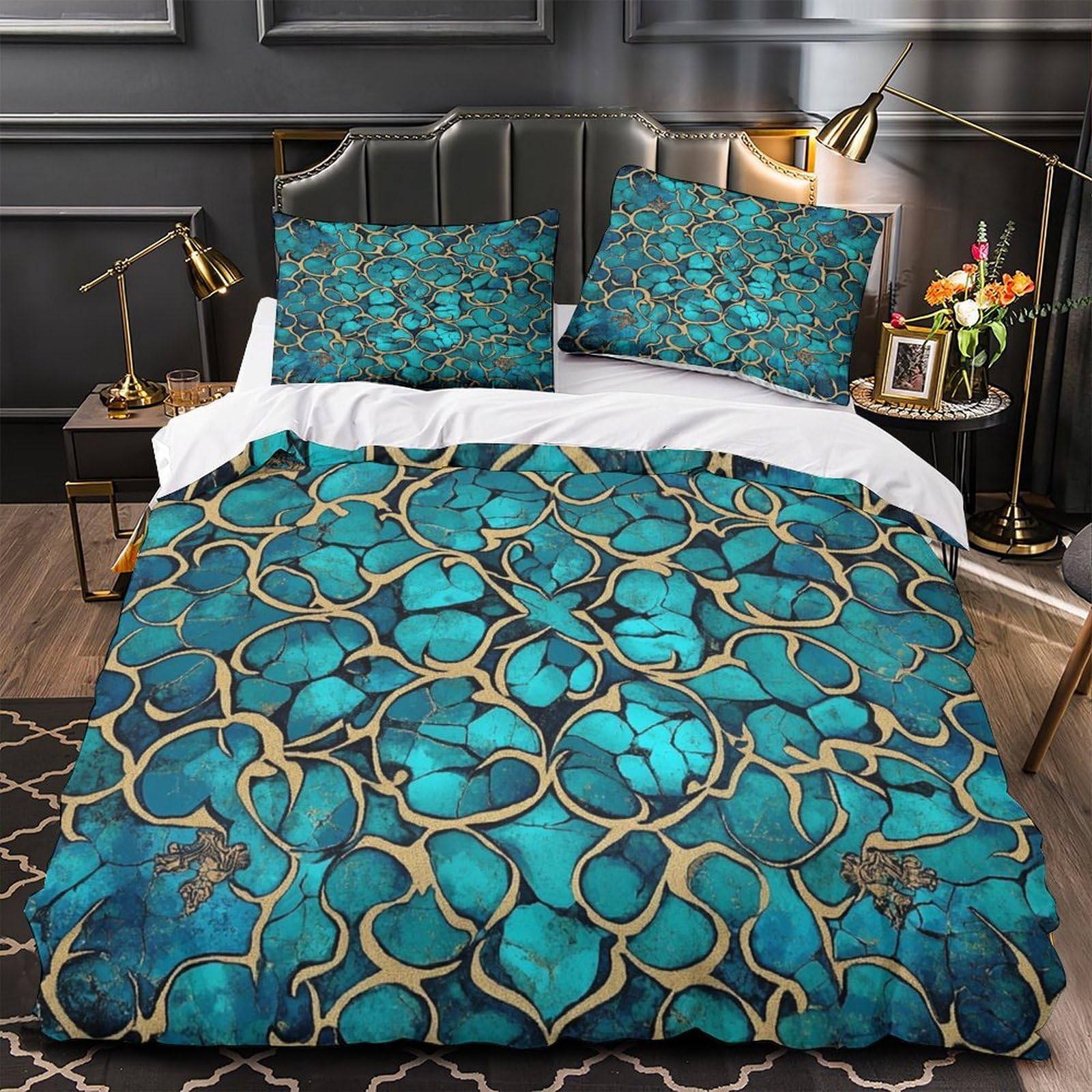 Housse de couette motifs bleus abstraits 140x200 microfibre pour lit single