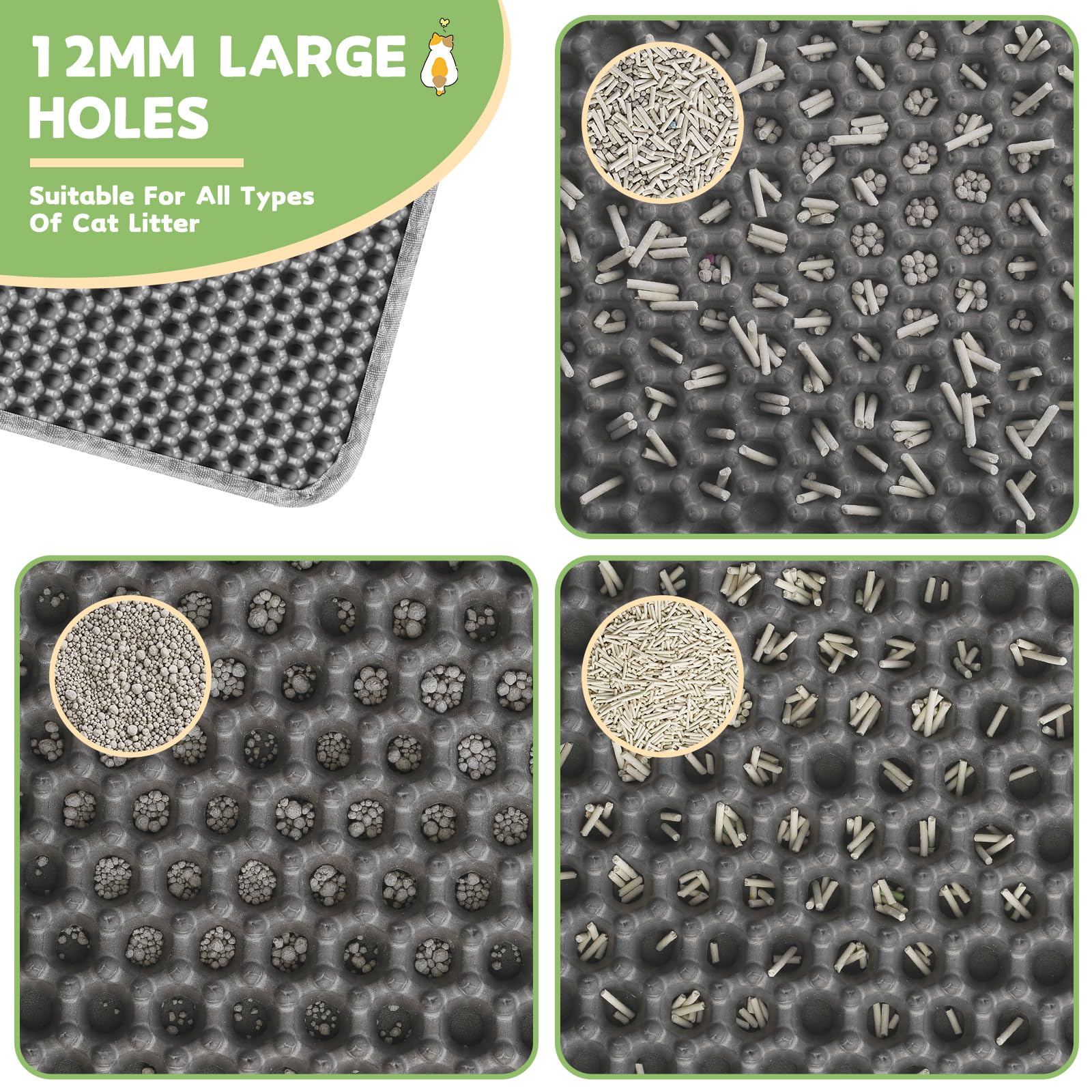 Alfombra Arenero Gato, 90x60cm Alfombrilla Arenero Gato, Alfombra Gatos Arenero Impermeable, Diseño de Doble Capa en Forma de Panal, Cat Litter Mat, Alfombra de Basura, Gris