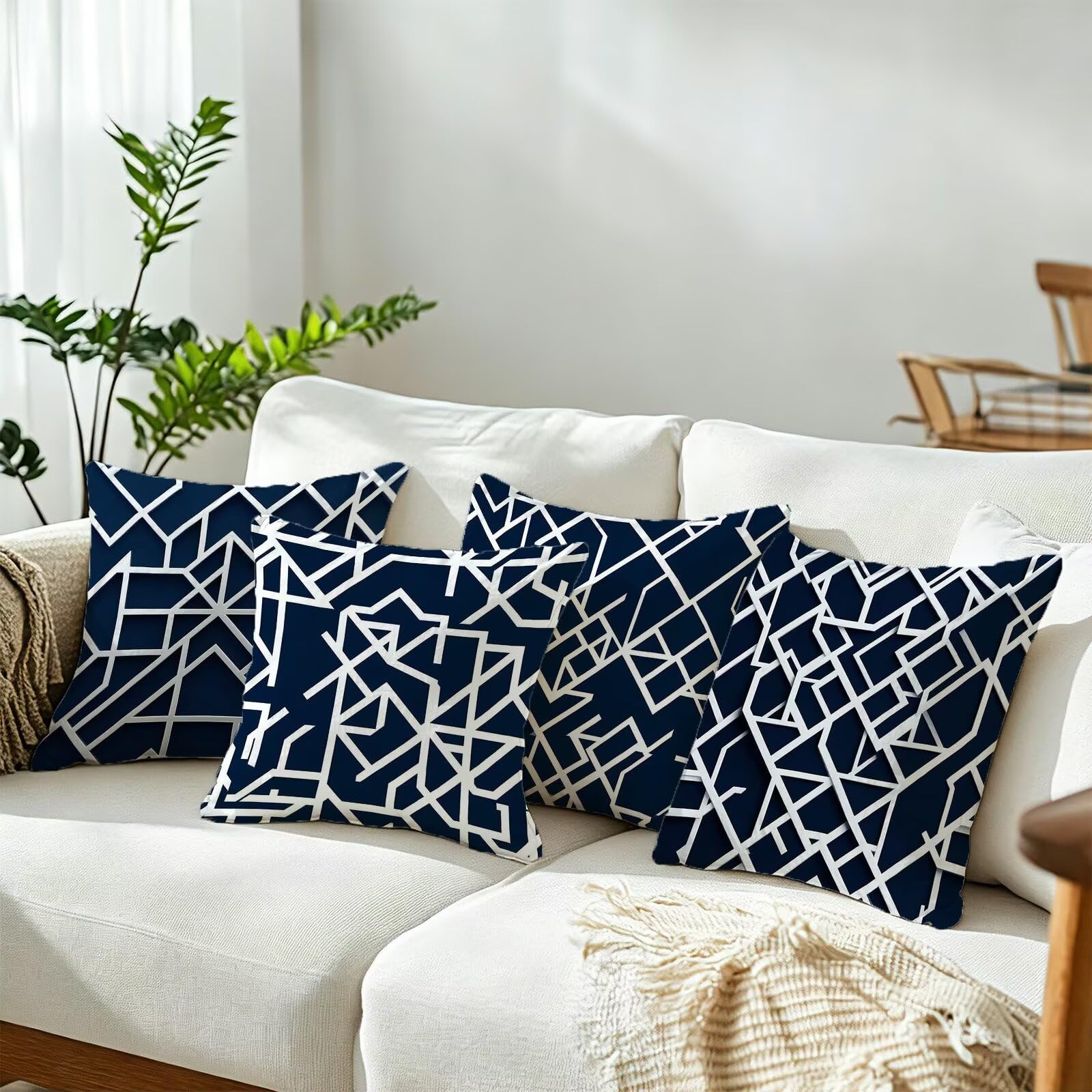 Blu Federe Cuscini Divano 60x60cm, Cuscini da Esterno Set de 4, Cod-124 | Lin Copricuscini Decorativi Letto Arredo, per Letto, Soggiorno, Giardino, Esterno, Casa Decorazione Set di 4 Linea