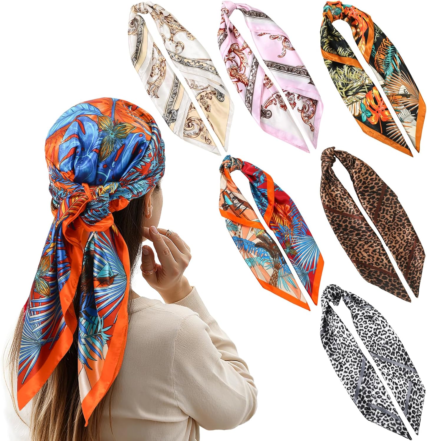 JATEBI 6 Pcs 35'' Large Square Head Scarf for Women Silk Like Lightweight Bandana Scarves