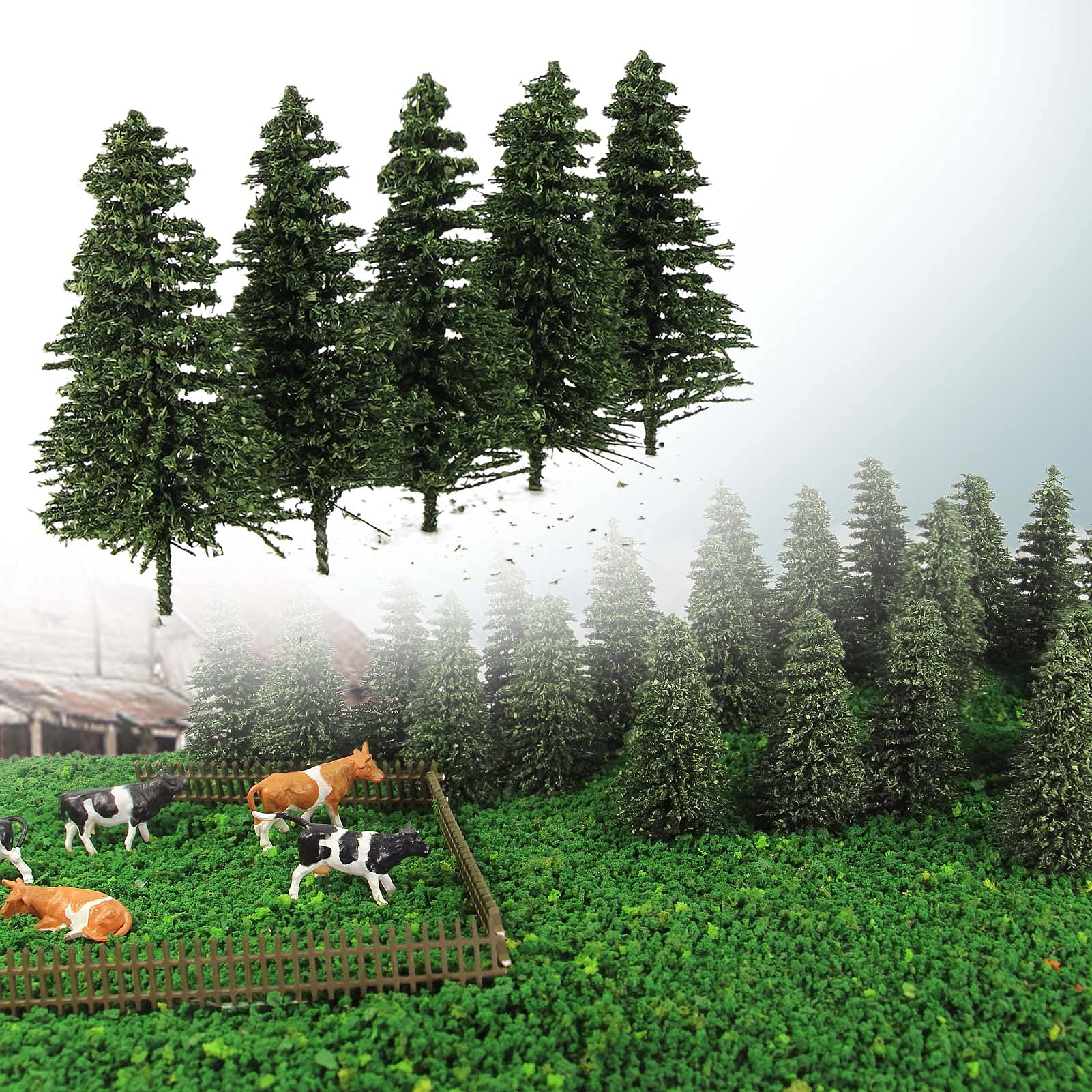Evemodel S0805 50PCS Dark Green Pine Model Cedar Trees 52mm for Model Railroad Scenery Landscape Layout HO OO Scale