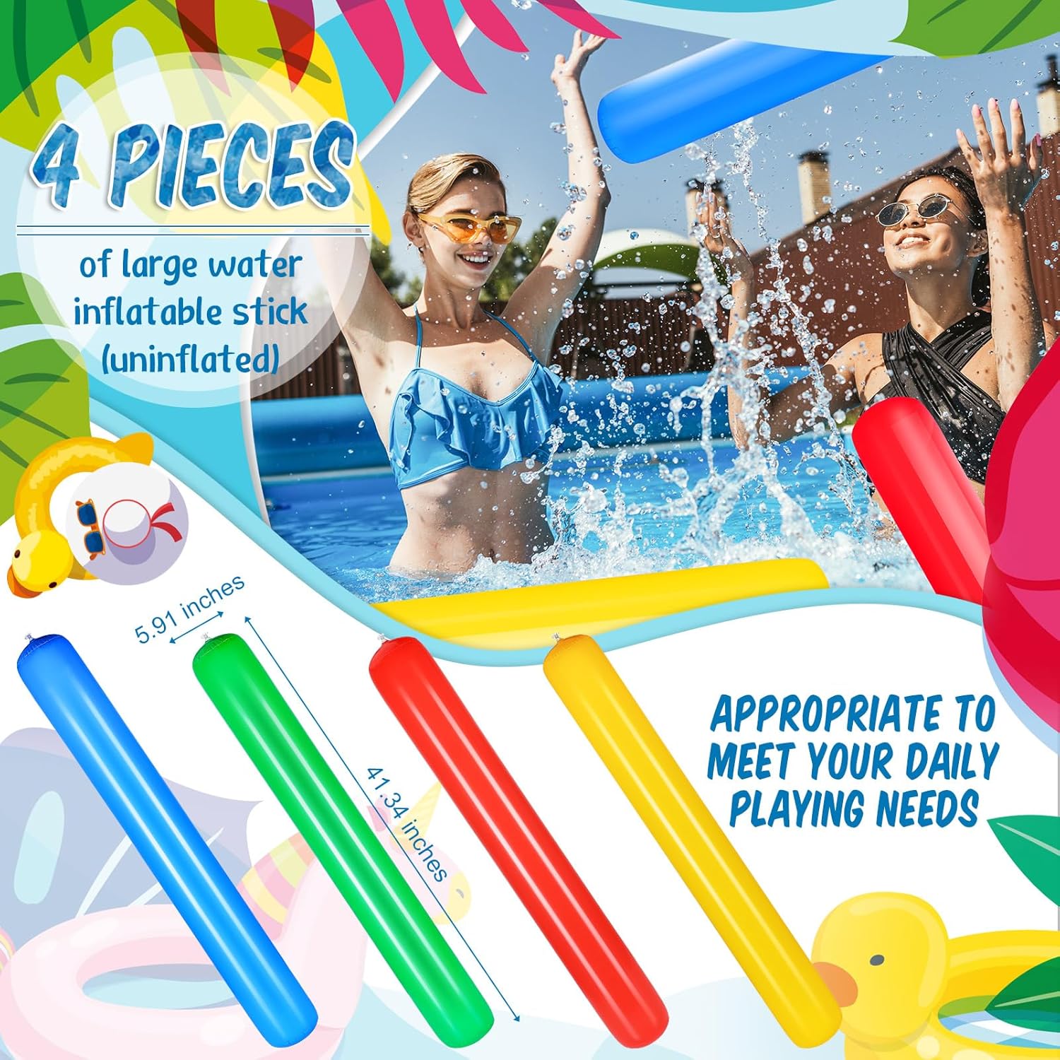 Deekin 4 Pcs Pool Inflatable Sticks Inflatable Pool Noodles Colorful PVC Outdoor Water Games Giant Blow up Noodles for Swimming Pools Adults Beach Lake Party, 41.34 Inch