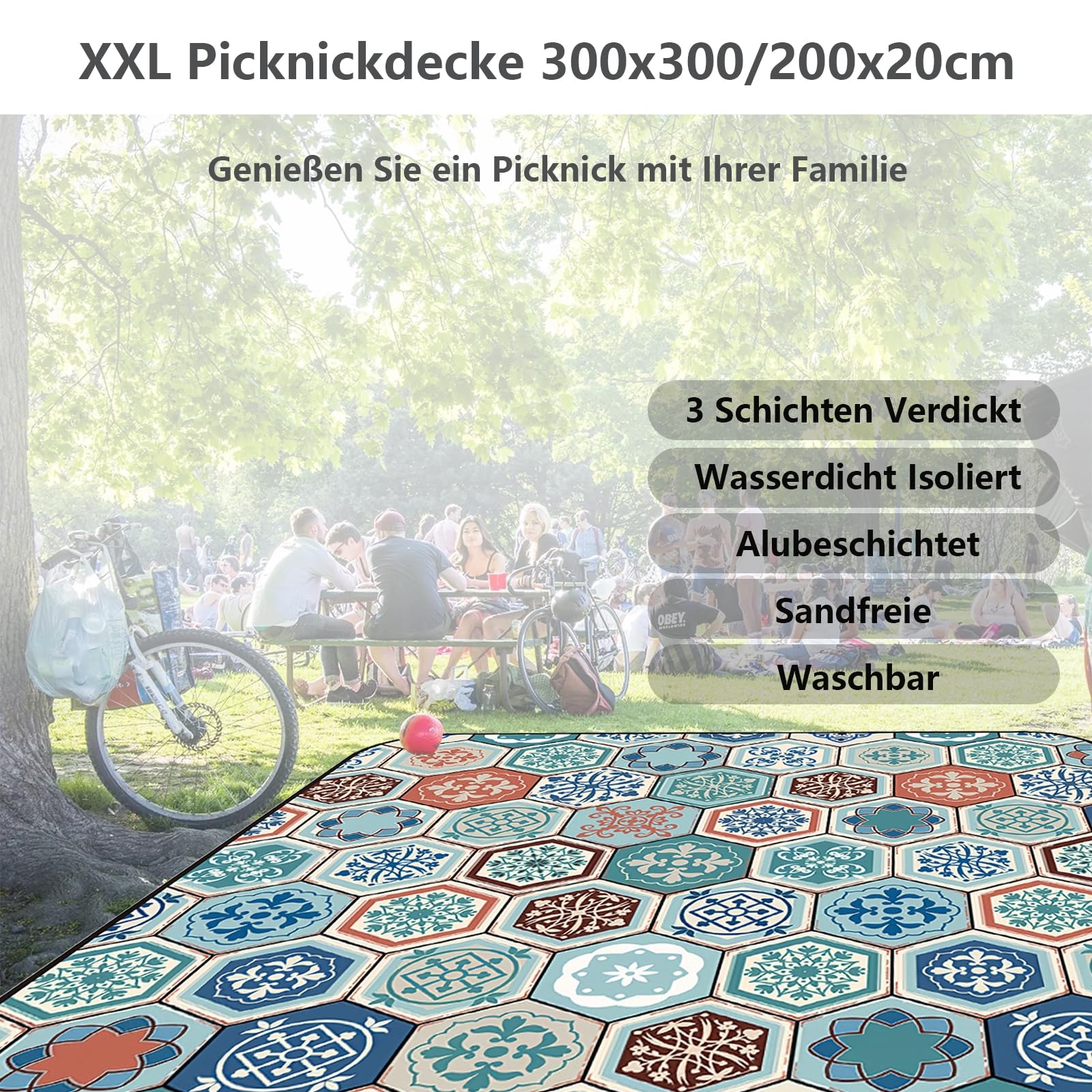 Koc piknikowy wodoodporny 300 x 300, 3 warstwy, pogrubiony, bardzo duża mata plażowa z wodoodporną folią aluminiową, można prać w pralce, dywan namiotowy, składany duży koc piknikowy na kemping