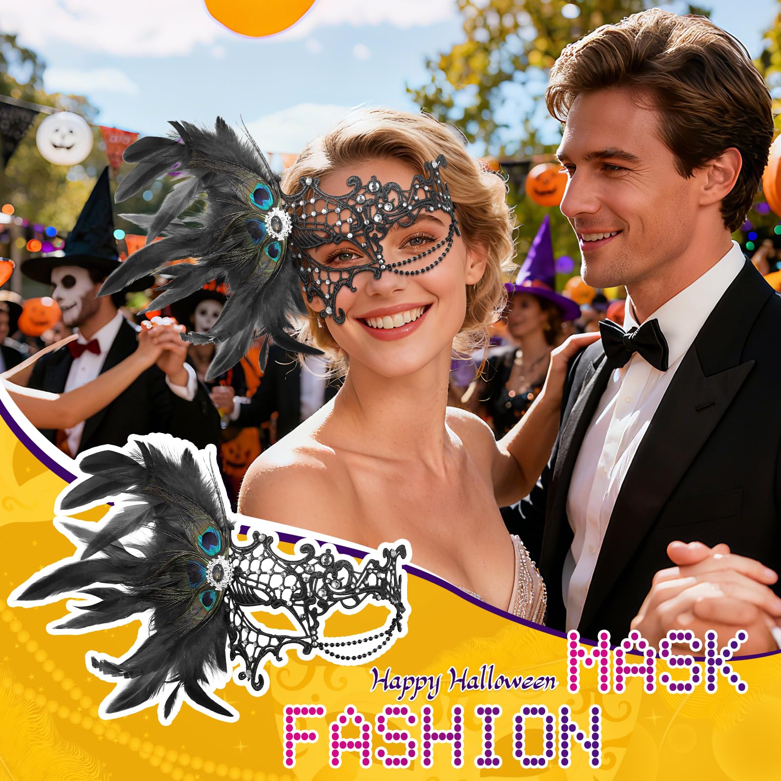 JewelryWe Wenecka monokel maska damska, elegancka maskarada, półmaska z pawimi piórami/strasem, gotycka maska monokelowa, maska jednooczna, kostium na imprezę, karnawał, Halloween, cosplay