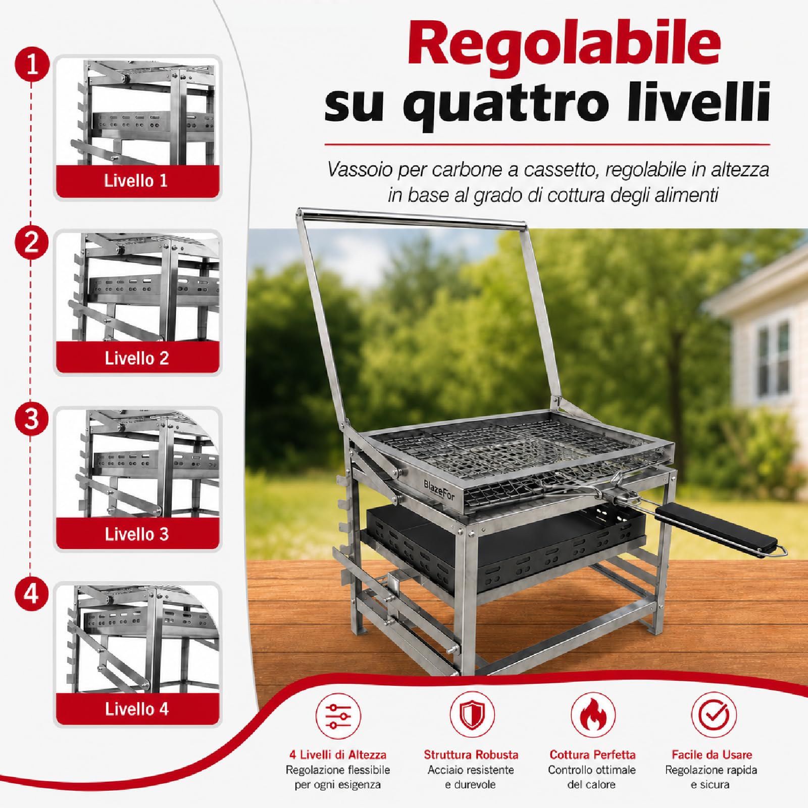 Barbecue a Carbone Girevole 180° Inox Portatile per Giardino e Campeggio | Griglia Ribaltabile a 180° con Manovella, Braciere Regolabile in Altezza, Pinza per Carne Inclusa, Facile da Montare