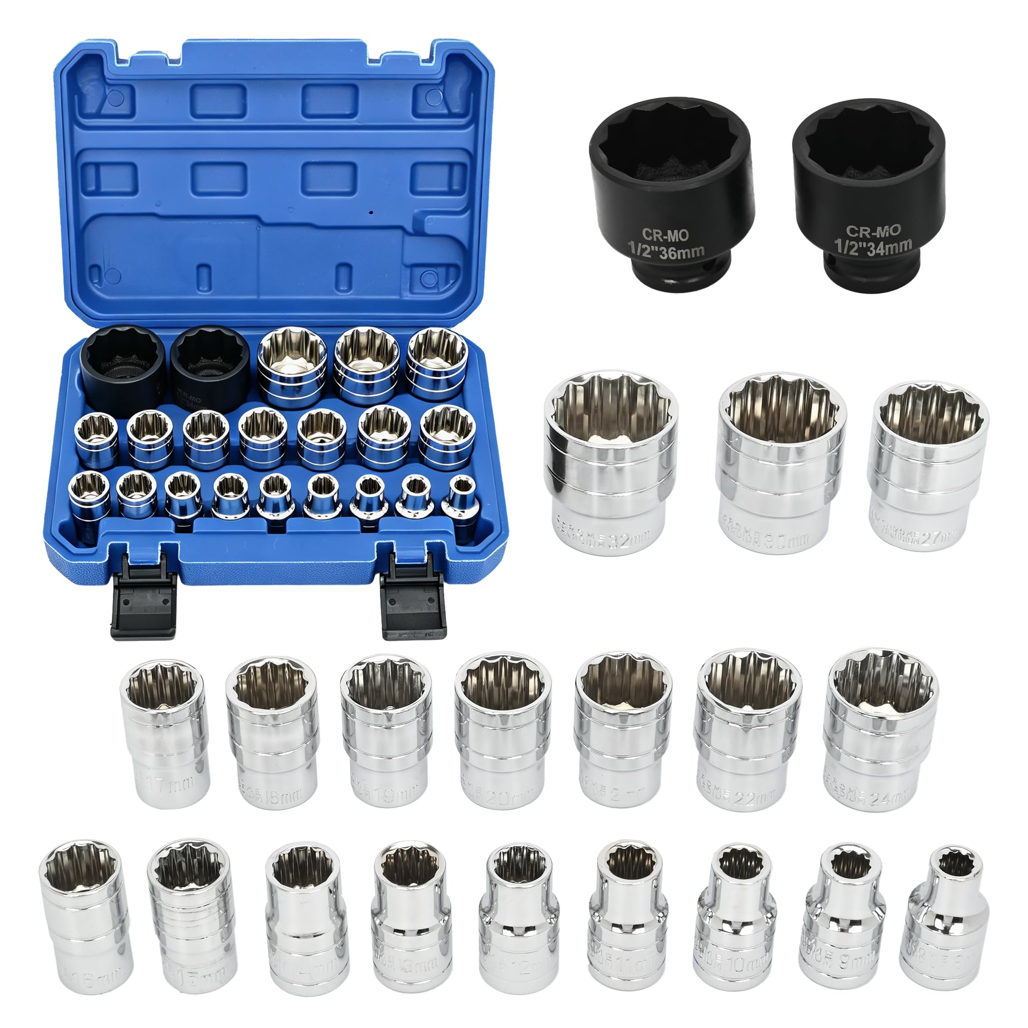 aleawol 21pcs Cr-V Spline Socket Set 1/2" Drive 8-36mm, Point Socket Set