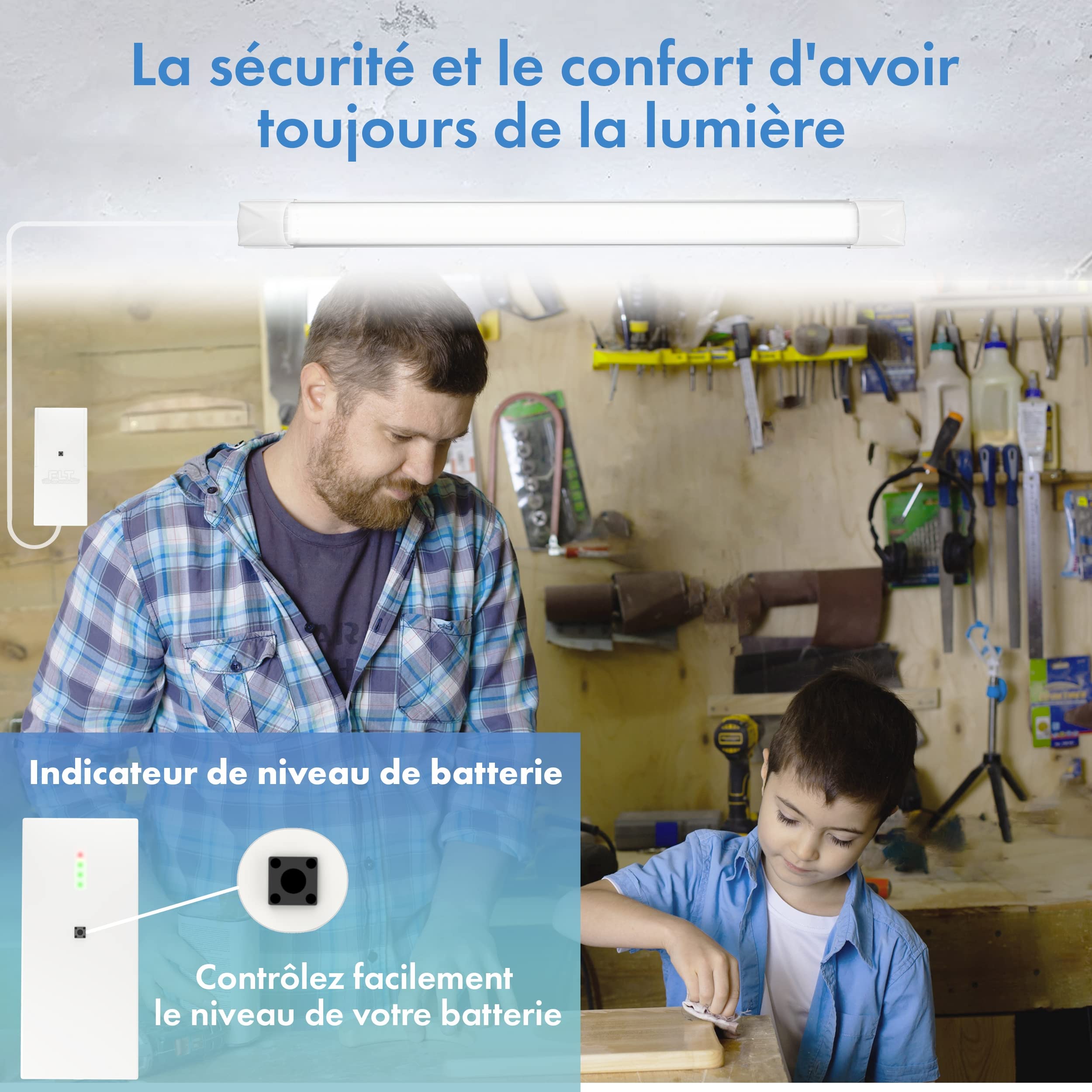 Éclairage led puissant sans fil sur batterie rechargeable pour Garage, Box sous sol, Cave sans électricité - Lampe lumière autonome puissante 2200 lm -Prêt à poser et Sans Travaux - Autonomie 3h30