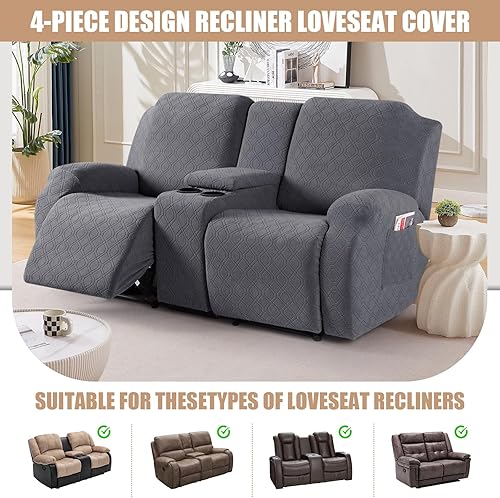Miniatura 4 de VANSOFY Funda de sofá reclinable con consola central, funda elástica para sofá reclinable de 2 asientos, fundas de sofá reclinable de jacquard con