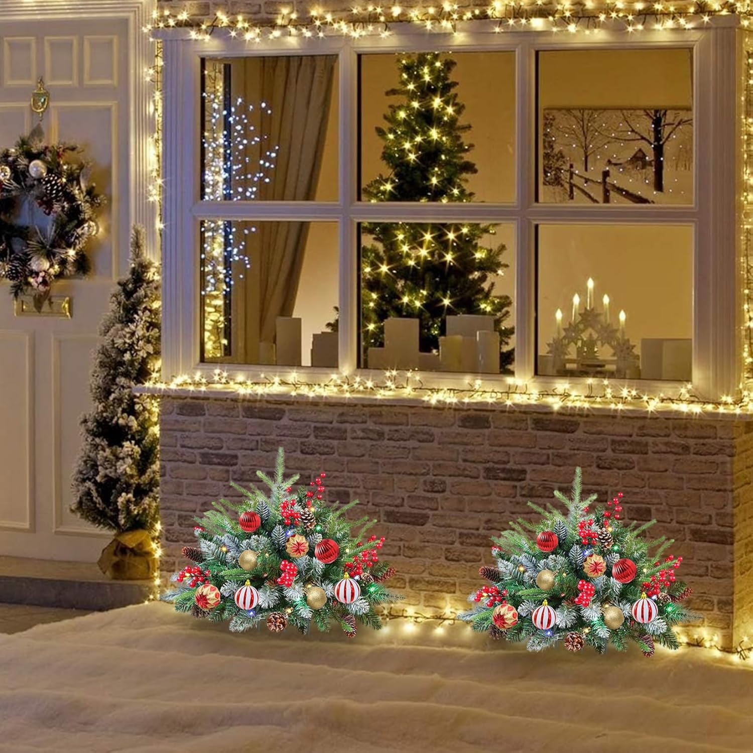 2PCS Outdoor Christmas Tree 23.6 Inch Lighted Trees with Berries Pine Leaves Cones and Balls Urn Filler with Stakes for Garden Yard Porch Holiday Decor