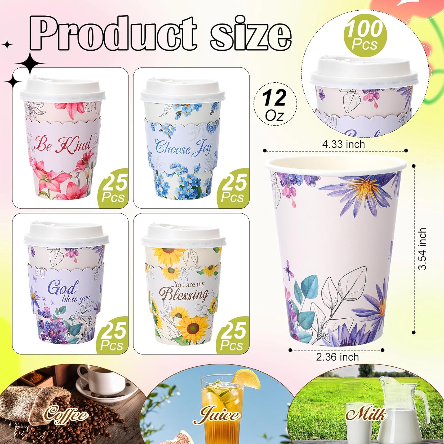 100 Pack Easter Pretty Disposable Floral Coffee Cups with Lids & Sleeves 12 oz Christian Scripture Paper Cups Bible Verse Hot Cold Coffee Drinkware for Home Office Wedding Baby Shower Party