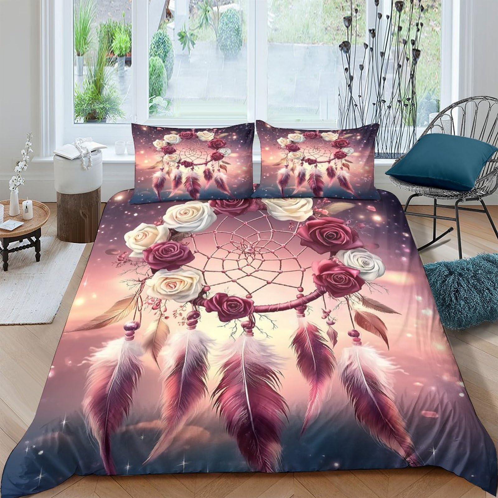 TUFRTGYHN 3D Printed Dreamcatcher Floral Duvet Cover Microfiber Soft Breathable Feathers Bedding Set with 2 Pillowcases for Bedroom Decor Single（135x200cm）