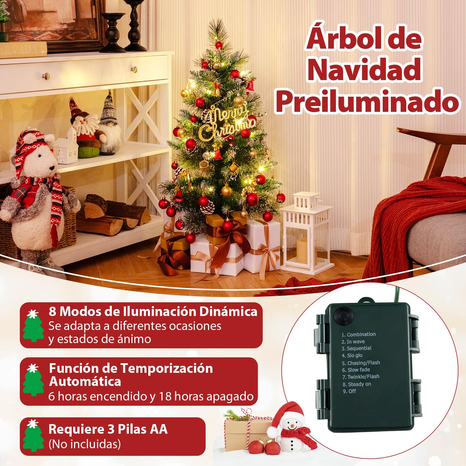 COSTWAY Mini Árbol de Navidad con Luces 90cm, 20 Luces Blancas Cálidas, 8 Modos, Temporizador, 81 Puntas de PVC y Pino, 5 Piñas y 8 Bayas Rojos, Árbol de Navidad Nevado Pequeño de Mesa/Escritorio