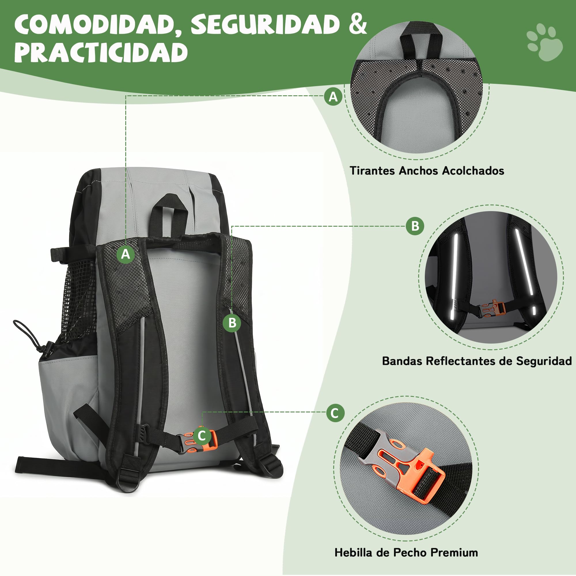 ALLSOPETS Mochila para Perros Ajustable y Portátil, Transportín para Mascotas de Tamaño Pequeño y Mediano para Paseo Senderismo Camping Viaje Escalada (Gris Salvia, M)