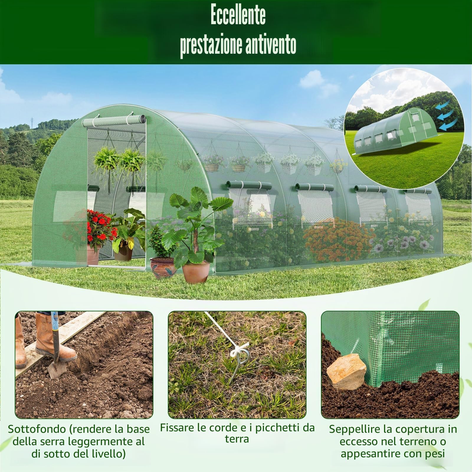 HOMASIS Serra da Giardino in Pellicola, Serra Tunnel con Finestre e Porte Avvolgibili, Serra per Orto Robusta, Verde (6 x 3 x 2 m)
