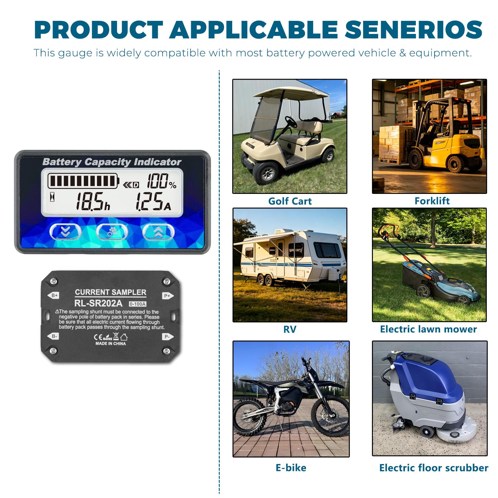 Runleader RL-BI050C Mini Monitor Batteria con Shunt 100A | Capacità Tensione & Contaore per DC 12V 24V 36V 48V LiFePO4 AGM GEL Piombo Acido Trojan Litio Camper Carrello Golf Bici