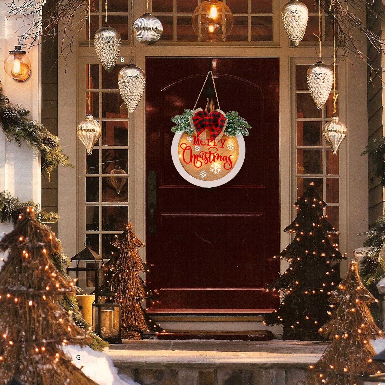 HOMCDALY Letrero de bienvenida de Feliz Navidad para puerta delantera, corona de Navidad de invierno con luz, decoración de puerta de granja, letrero colgante de madera, decoración de Navidad