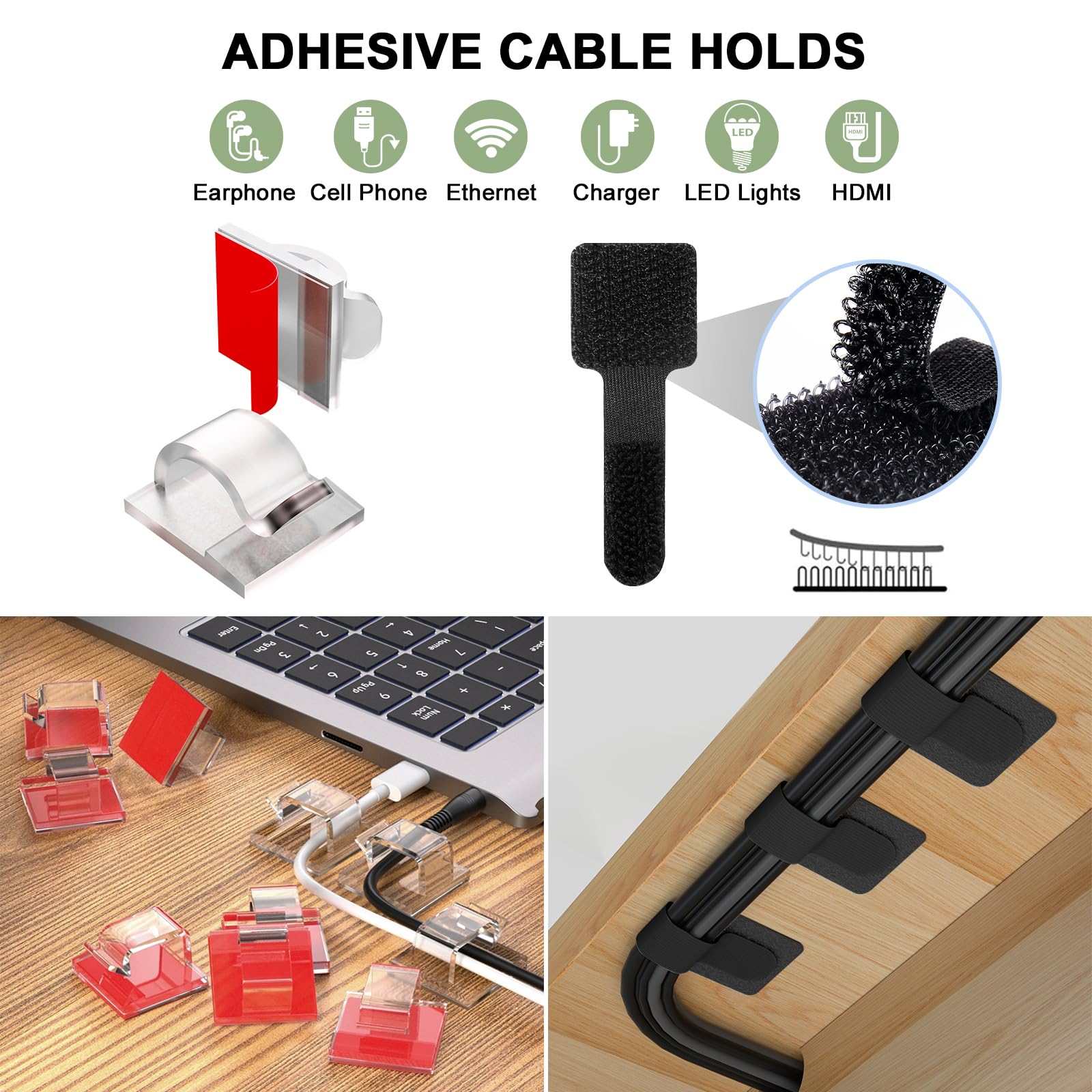 Kit organizador de cables de 48 piezas, bridas elásticas reutilizables de silicona, clips adhesivos fuertes para la gestión de cables, kit de gestión de cables multiusos para agrupar y sujetar varios