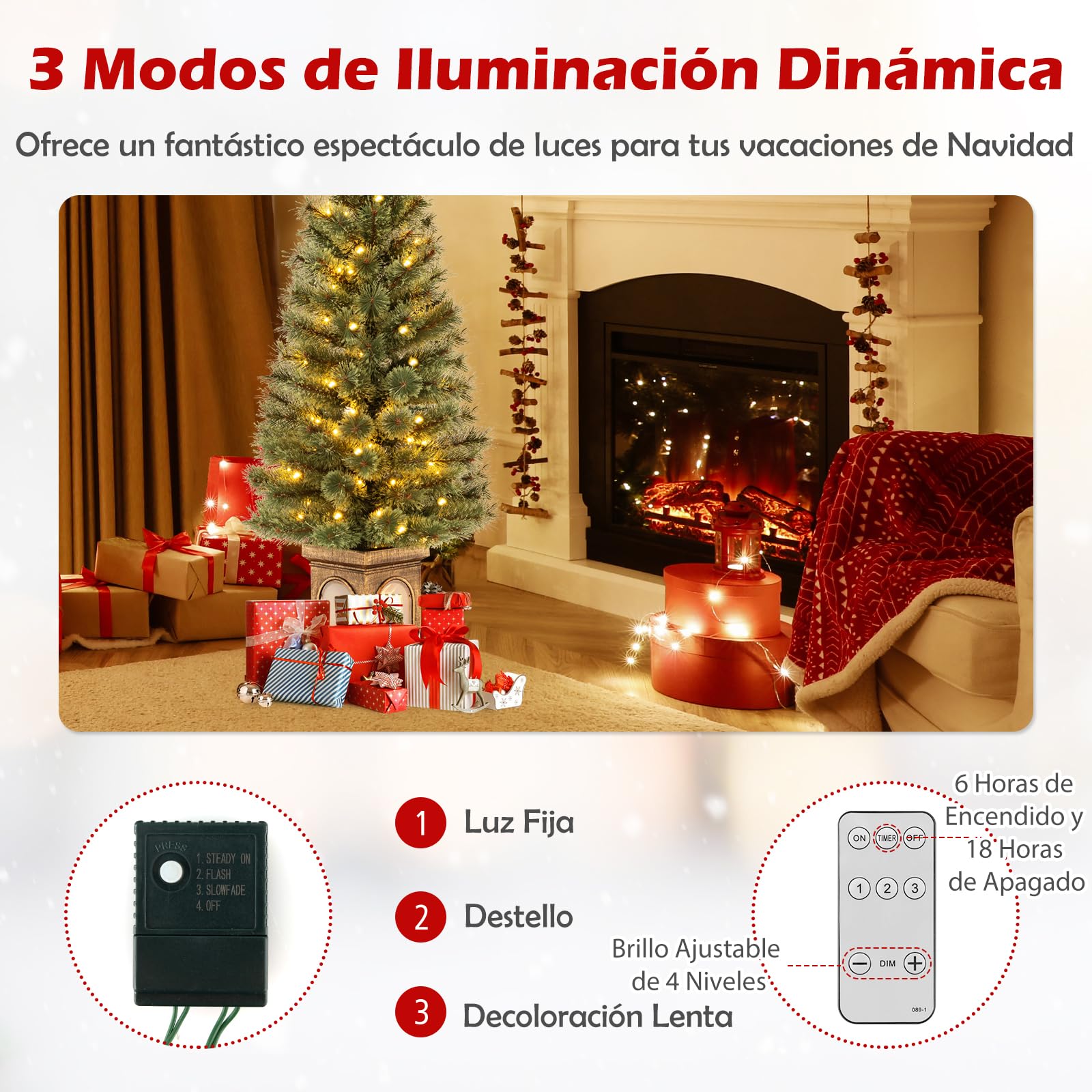 GYMAX Árbol de Navidad de 120 cm con 3 Modos de Transformación y 100 Luces LED, Árbol de Navidad con 116 Agujas de Abeto en Flor, Abeto con Base de Cemento (Estilo 1)