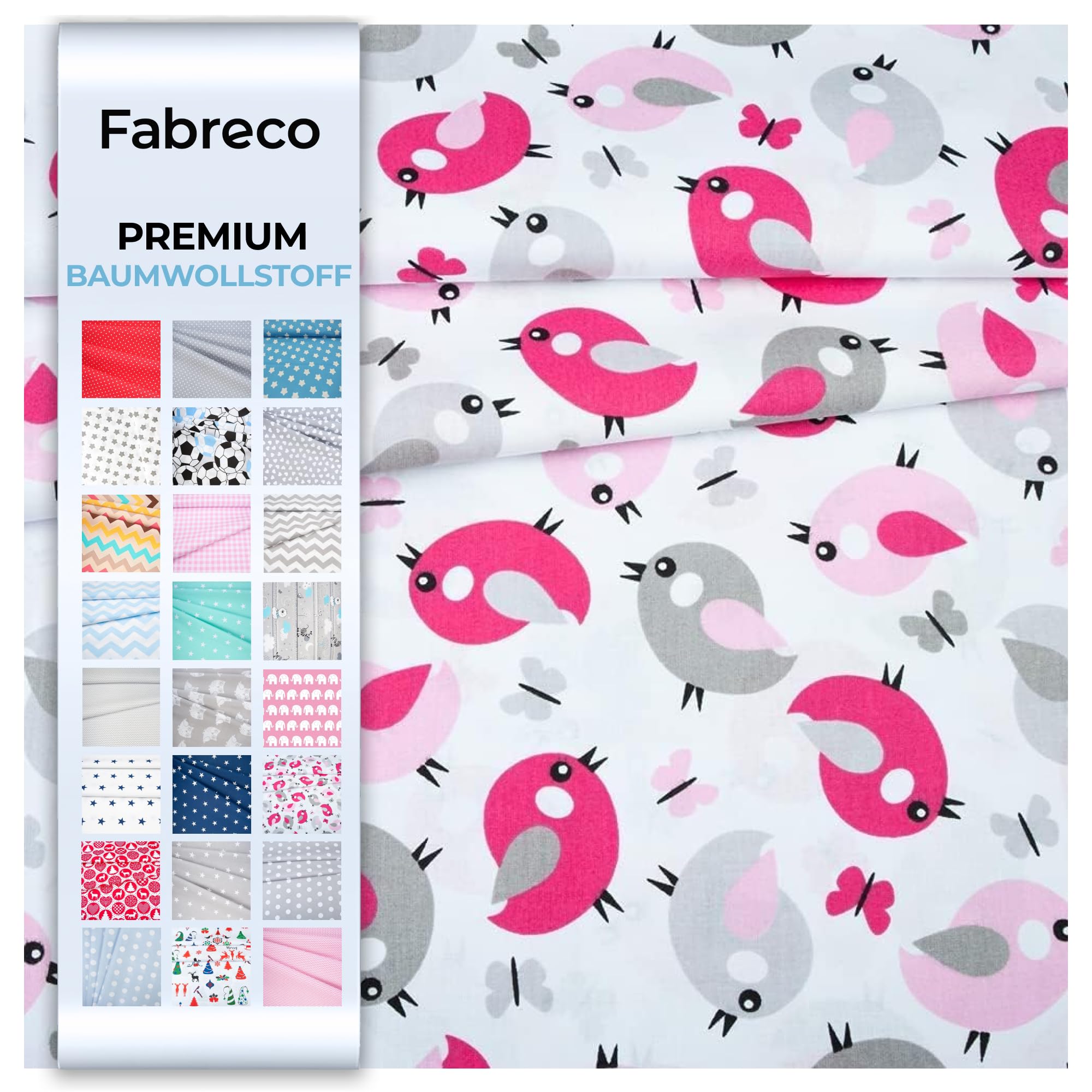 Fabreco - Baumwollstoff Meterware - 220g/lfm | Stoff Meterware mit Muster: Vögel grau rosa | Weich, langlebig & hautfreundlich