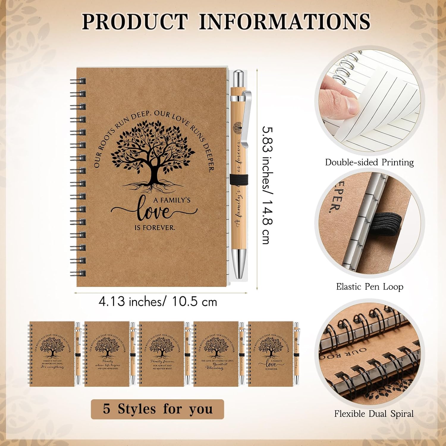 Janlaugh 15 Sets Family Reunion Party Favors 5 Styles A6 Spiral Notebook Remembering Our Roots Bamboo Ballpoint Pens Journal with Pen Holder Tables Centerpieces for Reunion