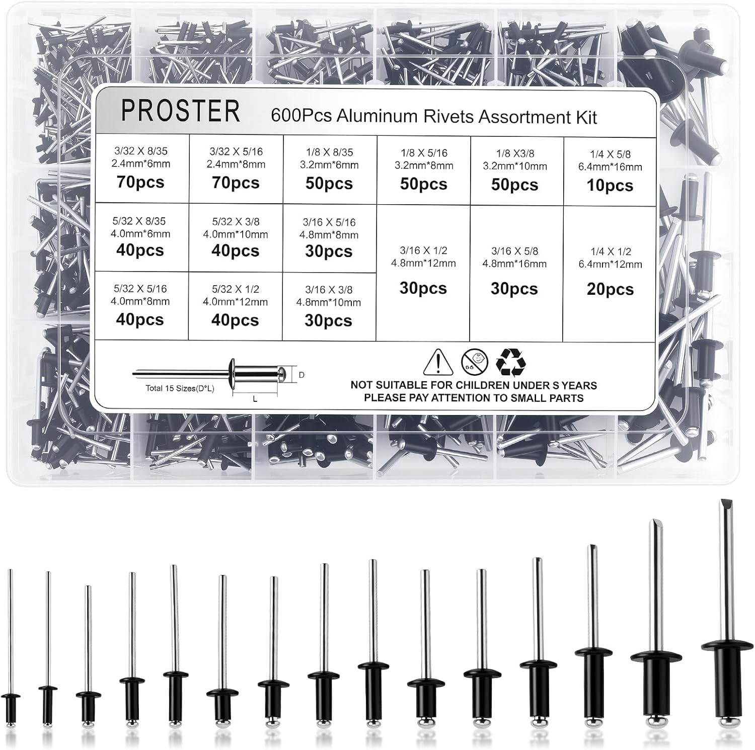 Proster 600Pcs Black Aluminum Blind Rivets Assortment Kit - 15 Sizes (3/32" - 1/4") with Portable Storage Case for Auto, Metalworking, DIY & Professional Use