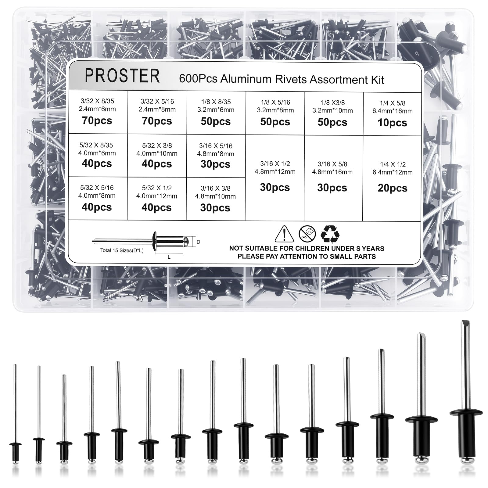 Proster 600 Rivetti in Alluminio Neri Assortiti – 15 Misure da 2.4 a 6.4 mm (2.4x6/8, 3.2x6/8/10, 4.0x6/8/10/12, 4.8x8/10/12/16, 6.4x10/16) Kit Blind Rivets per Fai da Te e Auto